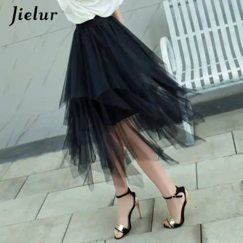 Jielur Black Gray Women Skirt Irregular Sexy Saia Pure Color Harajuku Female Skirts Vogue Vintage Jupe Longue Fashion Chic Saias