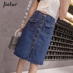 Jielur Korean Fashion High Waist Skirt Plus Size Buttons Pockets Classic Jeans Skirt for Women S-5XL Elegant Jupe Femme Dropship