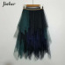 Jielur Tulle Skirt Spell Color Elastic High Waist Women Dance Tutu Skirts Chiffon Irregular Lolita Petticoat Midi Rokken Voile