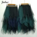 Jielur Tulle Skirt Spell Color Elastic High Waist Women Dance Tutu Skirts Chiffon Irregular Lolita Petticoat Midi Rokken Voile