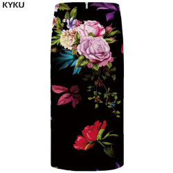 KYKU Flower Skirts Women Black Colorful Party Skirts Casual Retro Leaf Floral 3d Print Skirt Pencil Funny Ladies Skirts Womens