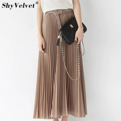 Long Pleated Skirts Womens Chiffon Elastic Waist Summer All Match Solid Tulle Maxi Skirt With Belt Faldas Khaki Black Pink