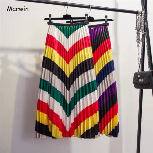 Marwin 2019 Spring New-Coming Color Matching Striped Pleated skirt High Street Style Mid-Calf Empire Soft Fashion Women Skirts