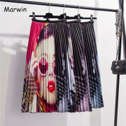 Marwin 2019 Spring Summer New-Coming Europen Printing Patchwork Pattern High Elasticity Pleated High Street Style Women Skirts