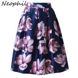 Neophil 2019 Retro Fashion Women Black White Pleated Flower Floral Print High Waist Midi Ball Gown Flare Short Skirts Saia S1225