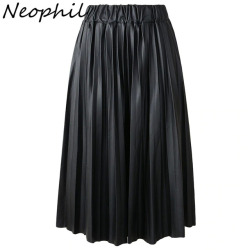 Neophil 2019 Winter Ladies Black PU Faux Leather Skirts Midi Pleated High Waist Vintage Basic Mid-calf Women Longa Saia S1927