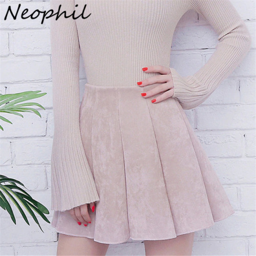 Neophil 2019 Winter Women Mini Pleated Suede Skirts Preppy Style Falda Plisada High Waist School Girls Skater Short Skirt S1806