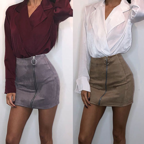 New 218 arrival Women Ladies High Waisted Zipper Pencil Skirt Bodycon Suede Leather Mini Skirt