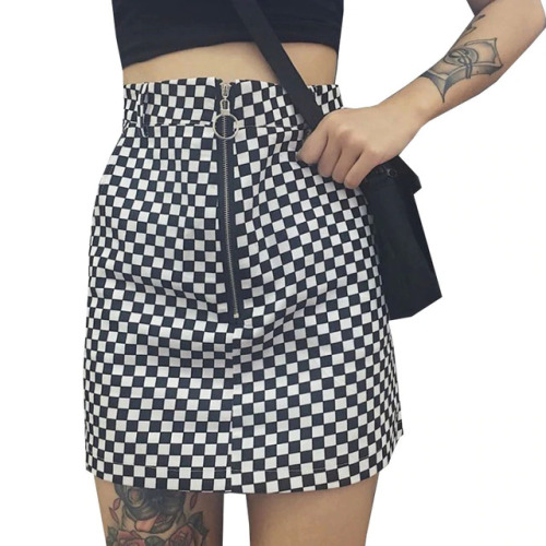 New Casual Summer Women Japanese Style Zipper Ring A-line High Waist Mini Skirts Female Black White Checkerboard Plaid Skirts