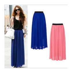 New Fashion Wholesale Women Chiffon Long Skirts Candy Color Pleated Maxi Skirts Free Size