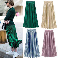 New Ladies Women Silky Long Maxi Skirts Pink Purple Green Silver Yellow Pleated Skirt One Size