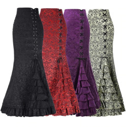 New Women Sexy Gothic Vintage Long Mermaid Skirt Floral Print Ruffe Lace Up Maxi Skirt Bodycon Slim Elegant Long Skirt