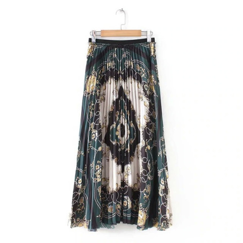 New Women Vintage chain flower print pleated midi skirt faldas mujer ladies elastic waist casual slim chic brand skirts QUN157