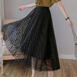 ONLYSVTER Spring Summer Midi Women Skirt High Waist A Line Geometric Kawaii Tulle Skirt Cute Long Pleated Skirt Female 2019