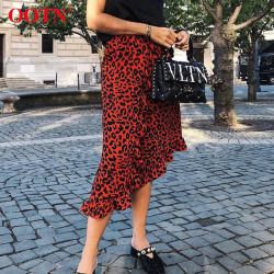 OOTN Leopard Long Skirt Women High Waist Midi Skirt Female Office Ruffle Animal Print Skirts Womens Summer Red 2019 Casual