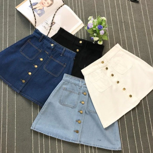 On sale 2019 summer Womens ladies A-line Jeans short Skirt Button High Waist Denim pockets Skirt harajuku mini high quality jean