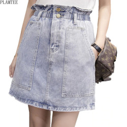 PLAMTEE Large Size Ruffles Elastic-Waist Denim Skirt Solid Color Mini Saia Sexy Short A-Line Skirts Feminino Kawaii Jupe Femme