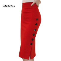 Plus Size 2018 Fashion Women Work Midi Skirt OL Sexy Open Slit Button Slim Pencil Skirt Elegant Office Ladies Skirts Red Black