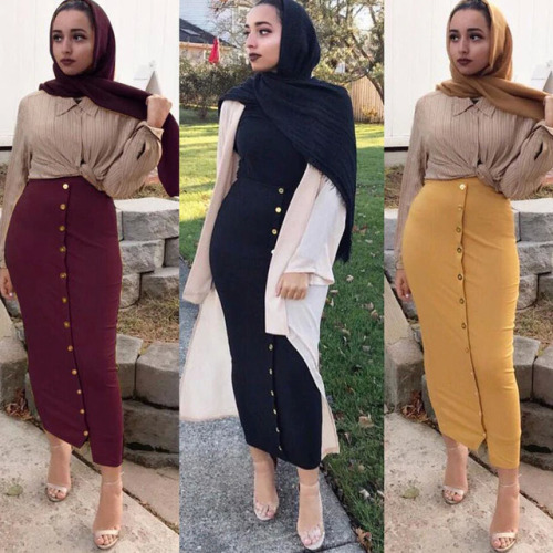 Plus Size 2019 Summer Abaya Musulmane Women High Waist Button Bodycon Maxi Skirt Long Turkish Islamic Skirts Clothing Jupe Femme