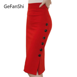 Plus Size New Fashion 2019 Women Skirt Midi Skirt Slim OL Sexy Open Slit Button Slim Pencil Skirt Elegant Ladies Skirts 2 Colors