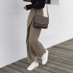 Qooth Autumn Winter Knitting Skirt High Waist OL Long Pencil Skirt Women Open Slit Knitted Casual Vintage Maxi Skirt QH1699