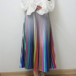 Qooth Women's Long Skirt Summer Skirts 2019 Spring Luxury Rainbow Striped Pleated Skirt High Waist Glitter Vestidos Saia QH1739