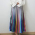 Qooth Women's Long Skirt Summer Skirts 2019 Spring Luxury Rainbow Striped Pleated Skirt High Waist Glitter Vestidos Saia QH1739