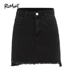 ROMWE Autumn Mini Skirts Casual Skirts For Women Plain Black With Pockets Above Knee Denim Bodycon Skirt Streetwear Punk Skirt