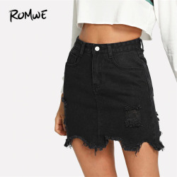 ROMWE Black Casual Ripped Split Denim Skirt 2019 Spring Mid Waist Straight Short Denim Skirts Woman Plain Sexy Pencil Skirt