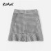 ROMWE Plaid Ruffle Hem Checked Zip Up Skirts Black  Autumn Mid Waist A Line Women Casual Above Knee Short Sheath Skirt