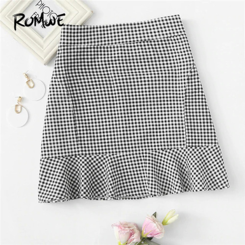 ROMWE Plaid Ruffle Hem Checked Zip Up Skirts Black  Autumn Mid Waist A Line Women Casual Above Knee Short Sheath Skirt