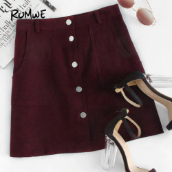 ROMWE Single Breasted Dual Pocket Skirt Spring Summer Plain Burgundy A-Line Mini Skirt Women Mid Waist Button Casual Skirt