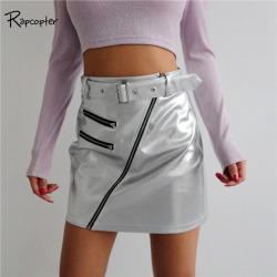 Rapcopter Womens A-line Skirts Empire Soild Mini Skirt Female Streetwear 2018 Skirts Sashes Zipper Mini Fashion Design Pop Skirt