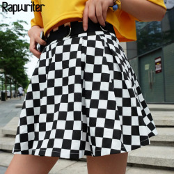 Rapwriter Fashion Black And White Plaid A-Line Skirts Women 2018 New Casual High Waist Streetwear Mini Skirt Sexy Saias falda