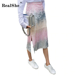 RealShe 2018 Fashion Autumn Woman Skirt Lady Sequins Slit Gradient Pencil Skirts Women Plus Size Sexy Bodycon Midi Skirt