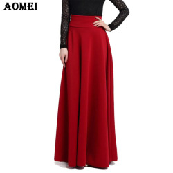 S M L 5XL New High Waist Pleat Elegant Skirt Wine Red Black Solid Color Long Skirts Women Faldas Saia 5XL Plus Size Ladies Jupe