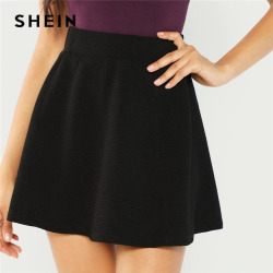 SHEIN Black Elastic Waist Textured Skirt Preppy Plain Fit and Flare A Line Skirts Women Autumn High Waist Short Minimalist Skirt