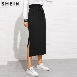 SHEIN Black Paperbag Waist Split Side Skirt Autumn  Casual Workwear Women Maxi Skirt High Waist Belted Split Hem Midi Skirt