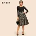SHEIN Black Vintage Gold Flower Print Mid Waist Flare Knee-Length Skirt 2018 Autumn Elegant Modern Lady Women Skirts