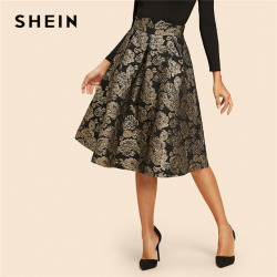 SHEIN Black Vintage Gold Flower Print Mid Waist Flare Knee-Length Skirt 2018 Autumn Elegant Modern Lady Women Skirts