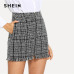 SHEIN Black and White Plaid Zip Front Frayed Tweed Skirt Elegant Fringe Pocket Mid Waist Pencil Skirts Women Autumn Mini Skirts