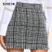 SHEIN Black and White Plaid Zip Front Frayed Tweed Skirt Elegant Fringe Pocket Mid Waist Pencil Skirts Women Autumn Mini Skirts