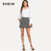 SHEIN Black and White Plaid Zip Front Frayed Tweed Skirt Elegant Fringe Pocket Mid Waist Pencil Skirts Women Autumn Mini Skirts