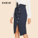 SHEIN Blue Elegant Office Lady Button Up Slit Hem Mid Waist Belted Solid Sheath Skirt 2018 Autumn Women Workwear Skirts