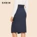 SHEIN Blue Elegant Office Lady Button Up Slit Hem Mid Waist Belted Solid Sheath Skirt 2018 Autumn Women Workwear Skirts