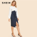 SHEIN Blue Elegant Office Lady Button Up Slit Hem Mid Waist Belted Solid Sheath Skirt 2018 Autumn Women Workwear Skirts