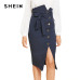 SHEIN Blue Elegant Office Lady Button Up Slit Hem Mid Waist Belted Solid Sheath Skirt 2018 Autumn Women Workwear Skirts