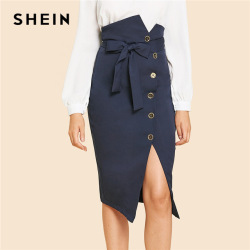 SHEIN Blue Elegant Office Lady Button Up Slit Hem Mid Waist Belted Solid Sheath Skirt 2018 Autumn Women Workwear Skirts