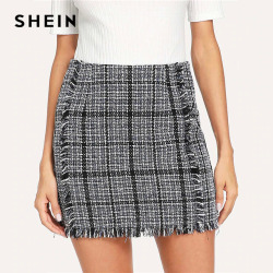 SHEIN Blue Frayed Trim Plaid Tweed Skirt Elegant Zipper Mid Waist Pencil Skirts Women Autumn Mini Skirts