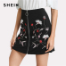 SHEIN Botanical Flower Embroidery Zipper Up Skirt Black Mid Waist Ring A-line Skirt 2018 Spring Elegant Women Mini Skirt